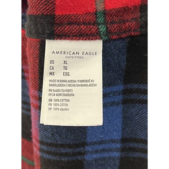 American Eagle Flannel Shirt Men Size XL Red‎ Blue Plaid Classic Fit Button Up - Picture 4 of 6